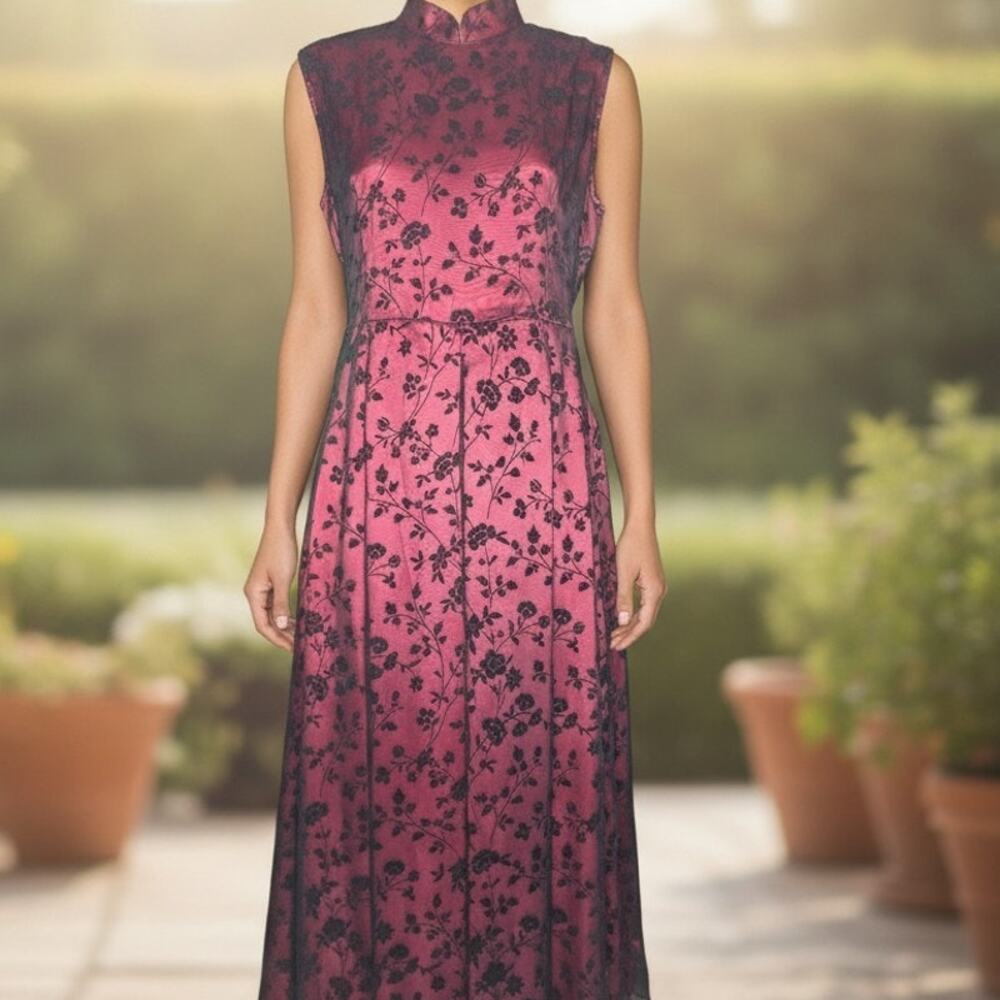 Deep Purple Burgundy Evening Dress Sz S Floral Lace Overlay Lined Zip  Tie Back
